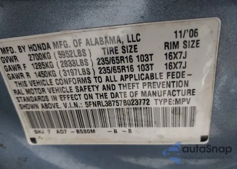 2007 Honda Odyssey Ex-L z USA, uszkodzony, nr VIN 5FNRL38757B023772